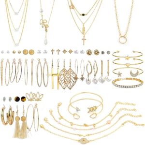 38-52PCS Jewelry Set – Layered Necklace, Bracelet & Hoop Stud Earrings for Women, Valentine & Birthday Gift