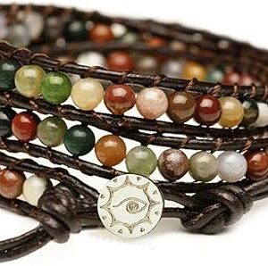 Hot Mix Color India Agate Stainless Steel Snap Button Genuine Leather Bracelet