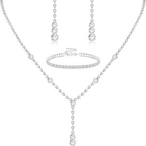 Silver Jewelry Set for Women – Rhinestone Necklace, Drop Earrings & Bracelet for Wedding, Prom & Bridal Accessories