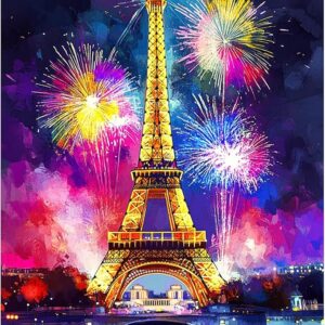 Eiffel Tower Diamond Painting Kit – 5D Full Drill Round with Fireworks, 12x16" City Wall Decor