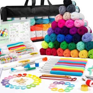 113PCS Crochet Kit – 1600 Yards Assorted Yarn with 73 Accessories, Ergonomic Hooks & Needles, Ideal Beginner Set