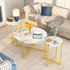 Three‑piece living room table set with faux marble and gold.