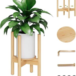 Adjustable Bamboo Plant Stand with Tray Mid Century Indoor Plant Shelf