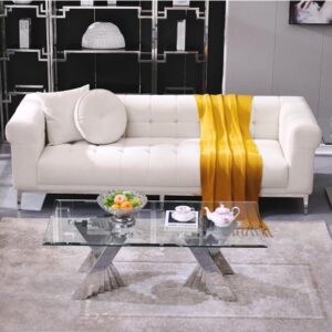 Modern Glass Coffee Table with Silver Geometric Metal Base