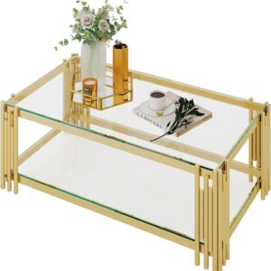 Modern Glass Coffee Table Two Tier with Gold Stainless Steel Base