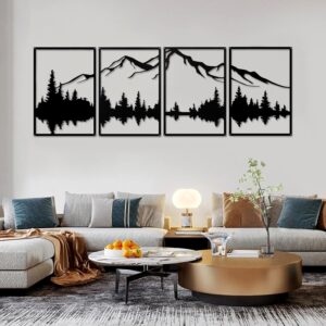 4 Piece Mountain Metal Wall Art Forest Black Vertical Decor
