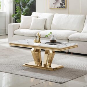 Modern Faux Marble Coffee Table with Gold Diamond Metal Base