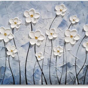 3D Floral Wall Art Hand Painted Textured Canvas Blue Background
