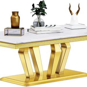 Luxury Gold Coffee Table Rectangle with Geometric Base White