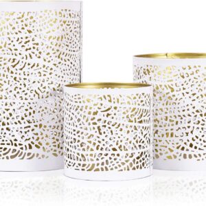 Set of 3 White Gold Hurricane Candle Holders Decorative Centerpiece