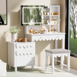 White Makeup Vanity Desk with Lighted Mirror Storage Drawers Stool