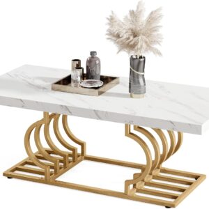 Sleek rectangular white marble-look coffee table with gold accent frame.