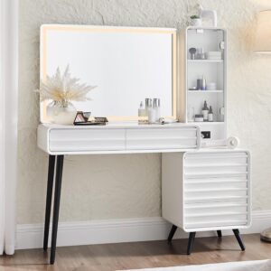 Fluted Makeup Vanity Desk with Lighted Mirror Drawers Charging Station