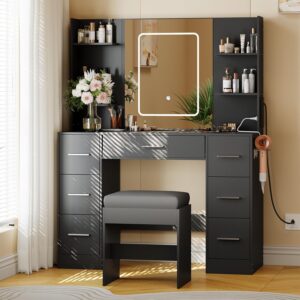 Makeup Vanity Desk with Mirror Lights Drawers Chair Power Outlet