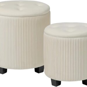 Round Storage Ottoman Set Velvet Upholstered Tufted Footrest Stool