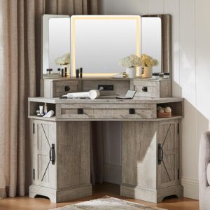 Corner Makeup Vanity Desk with Lights Mirror Drawers Charging Station