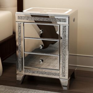 Mirrored Nightstand with LED Lights Charging Station Crystal Drawers