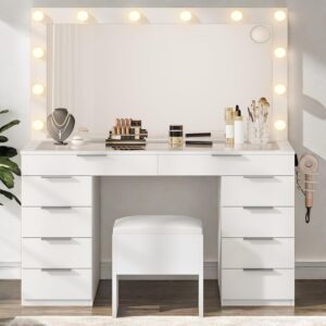Cosmetic Vanity Desk with Glass Top and 10 Drawers