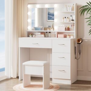 White Makeup Vanity Desk with Mirror Lights Drawers Charging Station