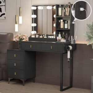 Black Makeup Vanity Desk with Lights Mirror Drawers LED Bulbs