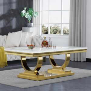 Stylish 47-inch faux marble cocktail table with golden reflective base