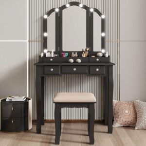 Black Makeup Vanity Desk with Mirror Lights Drawers Stool Set