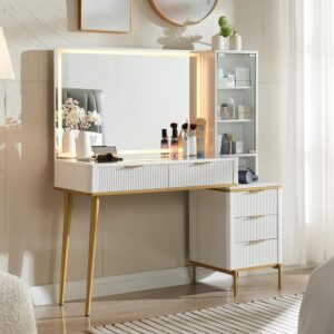 Fluted Makeup Vanity Desk with Lighted Mirror Drawers Glass Top
