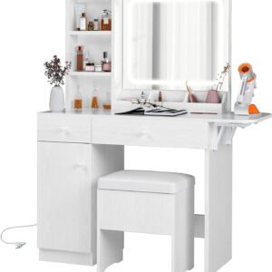 White Makeup Vanity Desk with Mirror Lights Drawers Cabinet Stool