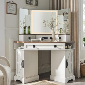 Corner Makeup Vanity Desk with Mirror Lights Drawers Cabinets Charging