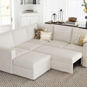 Modular Sleeper Sectional Sofa with Storage L Shape Couch Beige