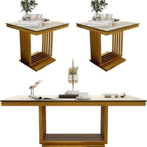 Living room set featuring gold glass coffee table and two ends.