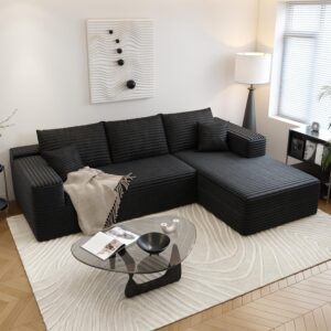 107.5" Deep-Seat Corduroy Cloud Sectional with Right-Facing L-Shape Chaise — Zero Assembly