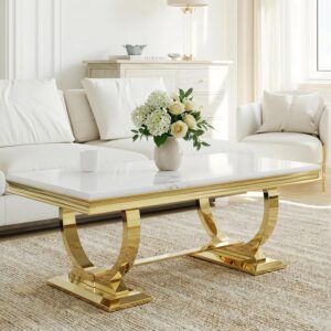 Gold metal rectangular center table with refined white marble-style surface.
