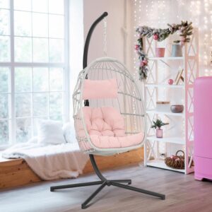 Pink Egg Chair with Stand Indoor Outdoor Wicker Hanging Chair