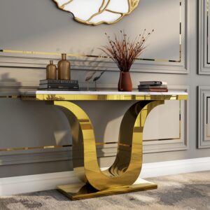Gold Console Table White Rectangle Sofa Table for Entryway Hall