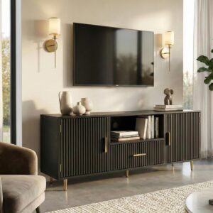Modern Fluted TV Stand 57 Inch Media Console Cabinet Black