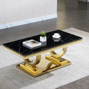 Black Marble Coffee Table Gold Metal Base Modern Rectangular Center Table