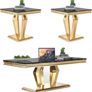 3 Piece Coffee Table Set Black Gold Marble Living Room Tables
