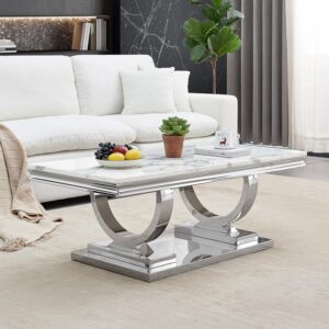 Modern Marble Coffee Table Rectangle White Faux Top Silver Base