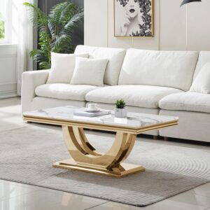 47 Inch Marble Coffee Table White Gold Base Modern Center Table