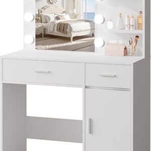 Lighted Makeup Vanity Desk with Mirror Storage Drawers Shelves
