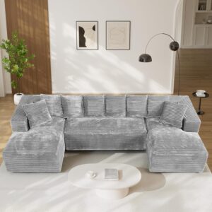 Oversized U Shape Cloud Sectional Sofa Corduroy Double Chaise Grey