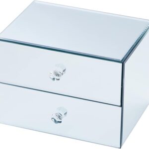 2-Layer Mirrored Glass Jewelry Box with Crushed Diamond Accents and 2 Open Drawers — Luxury Vanity Organizer