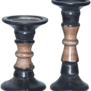 Set of 2 Handmade Mango Wood Pillar Candle Holders in Walnut Finish — Eco-Friendly, Traditional Artisan Design