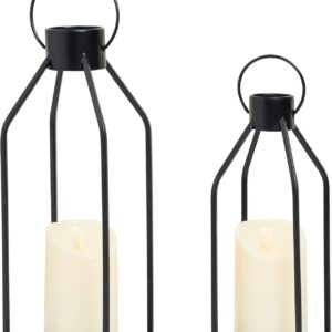 Set of 2 Black Metal Farmhouse Candle Lanterns — 15" and 12" with 6-Hour Timer LED Flickering Candles