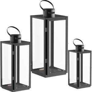 Set of 3 Black Stainless Steel Hurricane Candle Lanterns — 12.6", 16.2", and 21" with Clear Glass, Indoor and Outdoor