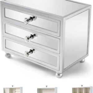 3-Layer Mirror Glass Jewelry Organizer Box with Crystal Handles and Velvet Lining — 9.25"x4.4"x7.28"