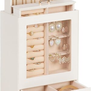 White and Gold PU Leather Jewelry Organizer Box with 3 Drawers, Ring Roll, Earring Cards, and Necklace Hooks