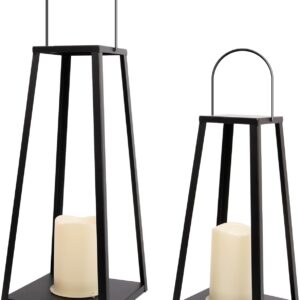 Set of 2 Black Metal Solar Farmhouse Lanterns — 20" and 15.6" with Waterproof Solar Candles, Hang or Tabletop