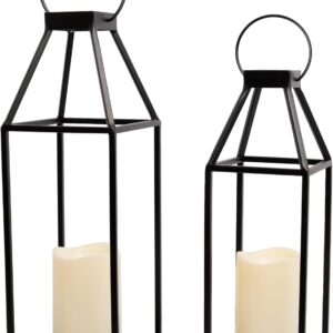 Set of 2 Black Metal Solar Farmhouse Lanterns — 18" and 15" with Waterproof Solar Candles, Hang or Tabletop